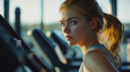 Wall Mural - A woman doing cardio on a treadmill, with a focus on her determined expression and the gym environment.