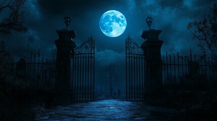 A full moon hangs high above an old cemetery gate.