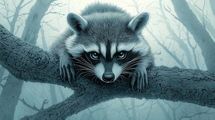 Poster -   Raccoon on Tree Branch in Foggy Forest