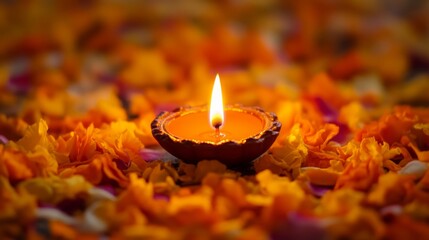 A Lit Clay Diya Lamp Amidst Orange Marigold Petals