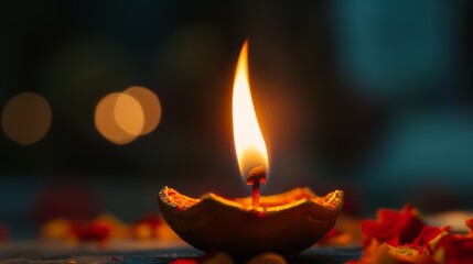 A Single Lit Diya with a Flame and Petals