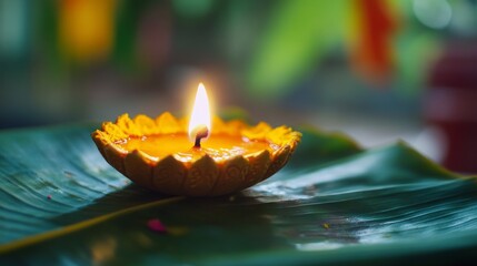 A Single Candle Flame Burning in a Yellow Clay Dish on a Green Leaf