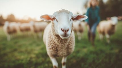 Wall Mural - A sheep is standing in a field with other sheep