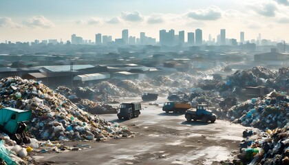 Wall Mural - Urban construction scene featuring machinery navigating through a debris-filled landscape