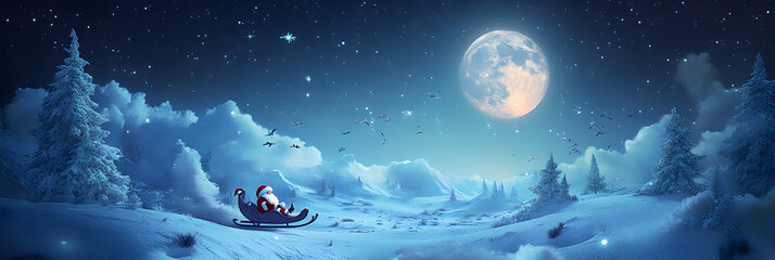 Sticker - beautiful landscape of the north pole with full moon and santa claus flying on his sleigh on christmas night