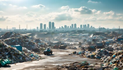 Wall Mural - Urban construction scene featuring machinery navigating through a debris-filled landscape