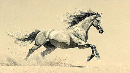 Sticker -   A photo of a black-and-white horse galloping in the sand with its mane blowing in the wind