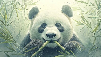 Wall Mural -   A panda bear lounges on a bamboo branch, eyes shut and bamboo stalk between teeth