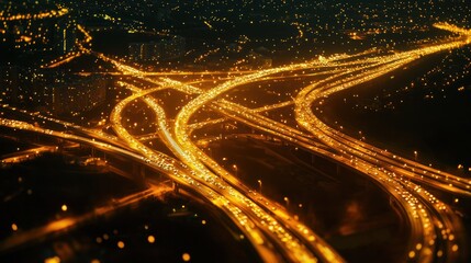 Wall Mural - A night view of a city's road network, with lights creating a woven pattern across the landscape.