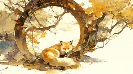 Wall Mural -   Watercolor painting of a fox resting on a rock under a tree, framed by a circle