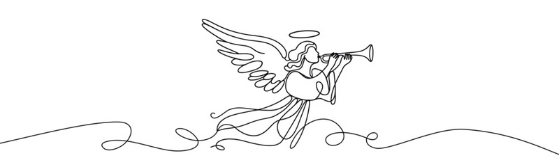 Wall Mural - Vector linear image on white background, one line. Angel blowing a trumpet. angel with a trumpet in his hands