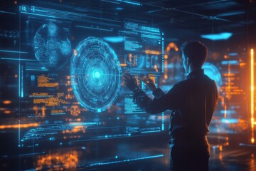Fototapete - A professional engages with floating holographic data and neural networks in a high-tech environment at night. Generative AI