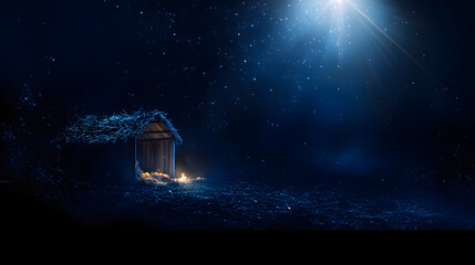 Wall Mural - christian christmas concept. birth of jesus christ. wooden manger in dark blue night. banner, copy s