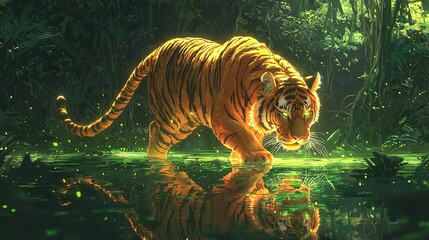 Sticker -   A majestic tiger gracefully traverses the tranquil water, surrounded by lush vegetation including countless emerald trees