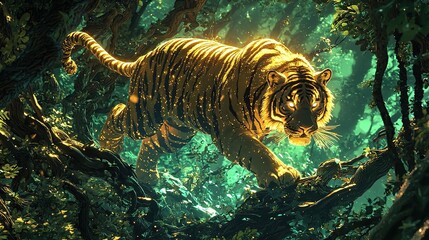   A tiger roaming in a lush, green forest with sunlight illuminating its face