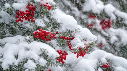 Poster -   A tree branch covered in snow with red berries dangling from its limbs, as snowflakes fall softly onto the branches