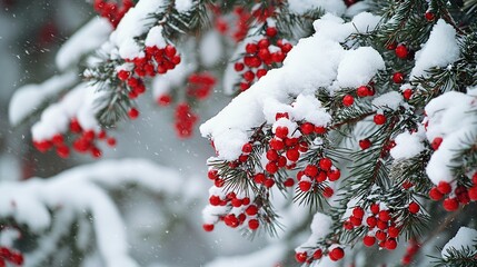 Poster -   A tree with red berries and green needles under snow in the foreground