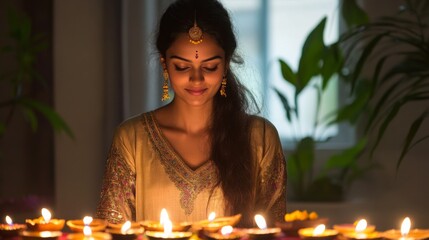 Woman in Traditional Indian Attire Lighting Diyas