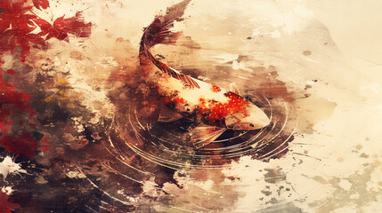 Wall Mural -   A painting of a koi fish in a pond surrounded by red flowers