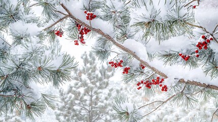 Sticker -   Branches of a pine tree, covered in snow with berries dangling