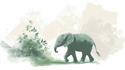 Canvas Print -   A painting of an elephant strolling through the grass with trees in the background and a white sky above