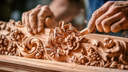 Wall Mural - Hands crafting intricate wood carvings, showcasing detailed woodworking skills.