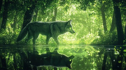 Wall Mural -   Wolf in forest by water body with reflection