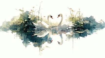 Canvas Print -   White swans glide on lake, surrounded by green trees and white clouds