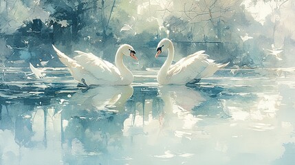 Poster -  Swans swimming in a pond with trees and reflection of blue sky on water