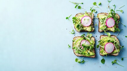 Canvas Print -   Blue surface with sliced avocado toast topped with radishes and sprouts Four pieces in total