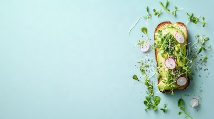 Sticker -   Blue surface, avocado, radishes, sprouts sandwich