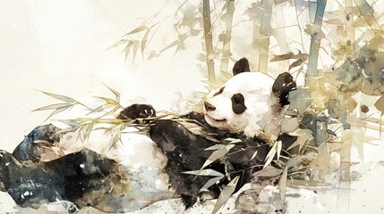 Wall Mural -   A panda eating bamboo with another panda in the background and a bamboo tree in the foreground