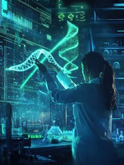 Aufkleber - A genetic engineer manipulates holographic DNA strands in a futuristic lab filled with advanced equipment. Generative AI
