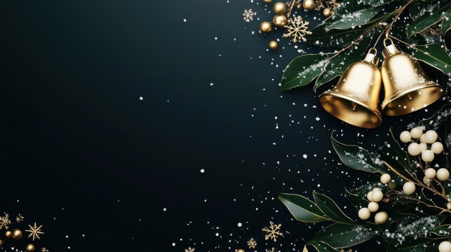 Minimalistic Christmas card featuring golden bells, mistletoe, and snowflakes, with space for a holiday message.