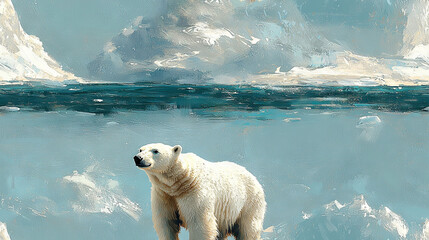 Canvas Print -   A painting depicts a polar bear standing atop an iceberg, while another polar bear rests on top of it