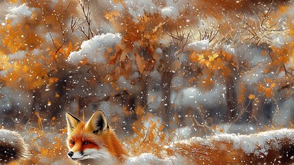 Sticker -   A snow-covered fox in a snowy forest, with snowfall from both above and below