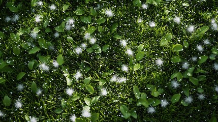 Canvas Print -   A field of grass with white flowers and green leaves surrounded by raindrops