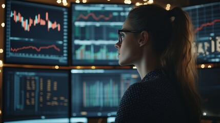 Poster - Professional analyst monitors stock market trends on multiple screens during evening hours in a modern office environment