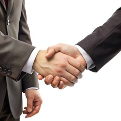 close up of a handshake between two business man shaking hands on a white background. Concept of agreement, partnership, or business deal 