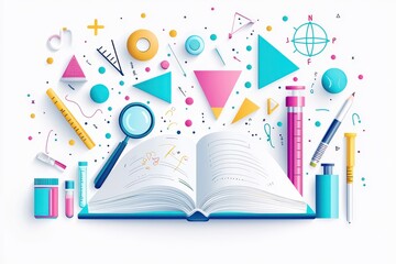 Poster - Colorful flat illustration of an open book with educational tools and geometric shapes for learning concepts