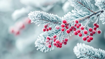 Wall Mural -   A red-berried pine tree with snow on its needles and branches