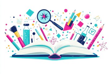 Poster - Colorful illustration of an open book with vibrant pens, pencils, and scientific tools emerging, symbolizing creativity and learning.
