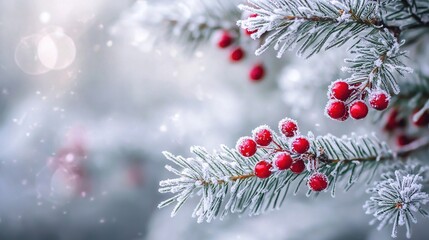 Poster -   A close-up of a pine tree with red berries on its needles and snowflakes on its branches