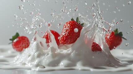 Poster -   A strawberry splashes into a white liquid-filled surface, spilling a drop of water