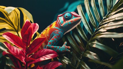 Poster -   A vibrant chameleon perched atop a lush green foliage, surrounded by a radiant red and yellow flora