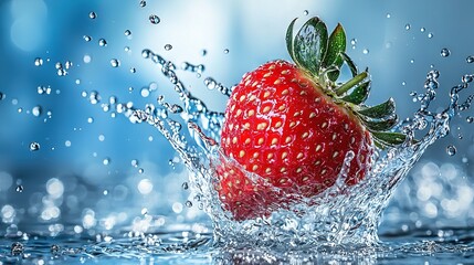 Wall Mural -   A strawberry splashes into the water with a green leaf sticking out of its stem