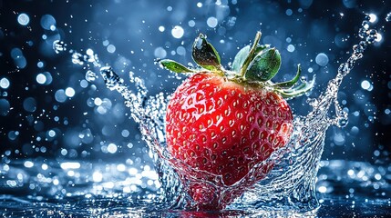 Sticker -   A strawberry splashes into water against a dark background