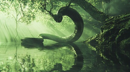 Poster -   Snake in water, middle of forest under sunlight streaming trees