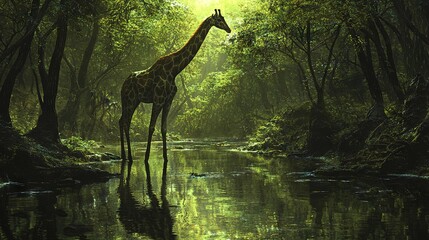 Wall Mural -   A majestic giraffe standing tall amidst lush forest foliage and serene water bodies, surrounded by towering trees