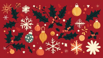 Poster - Simple Christmas card with festive icons like holly leaves, snowflakes, and ornaments on a warm red background.